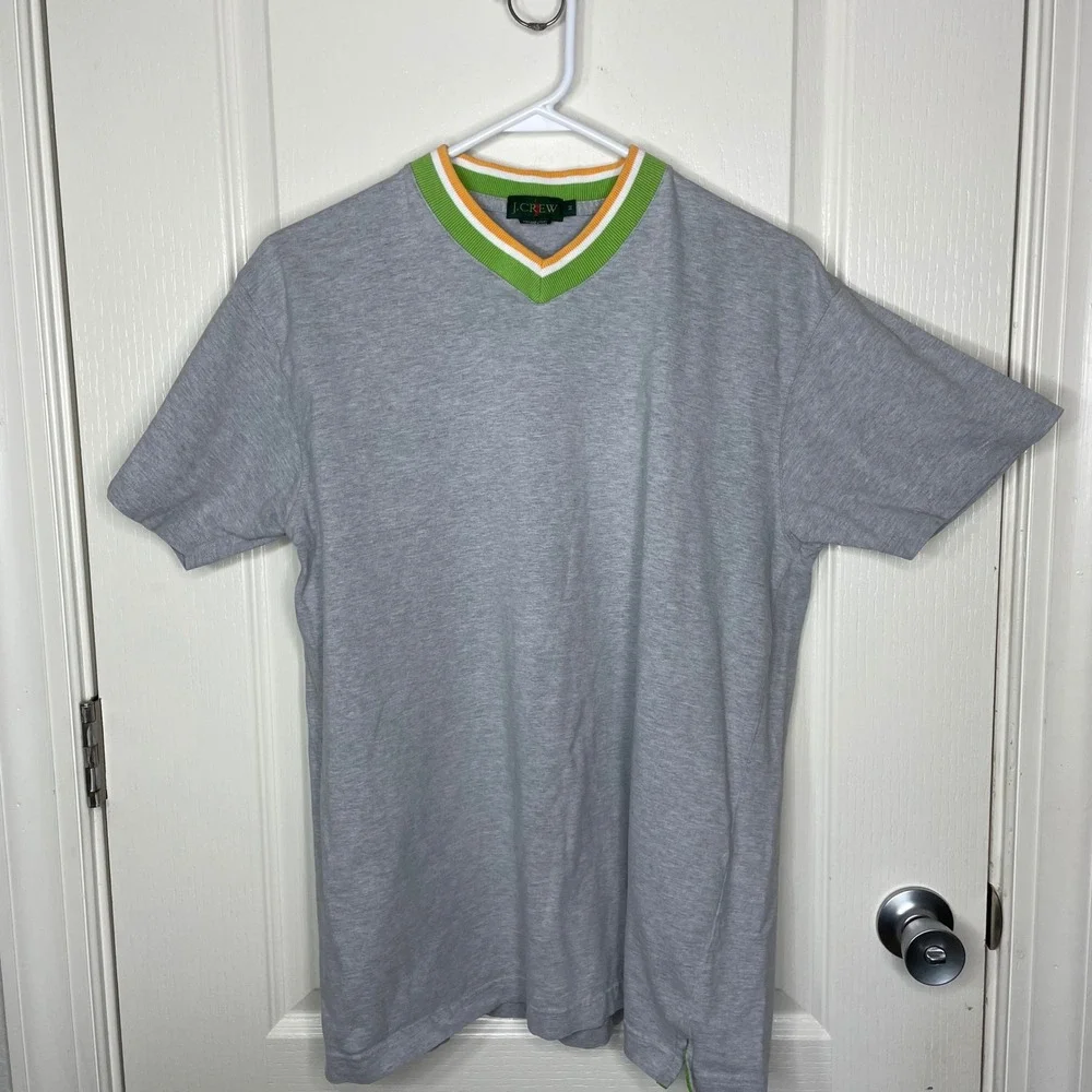 J. Crew Oarsman Mens Medium Gray V-Neck Shirt Striped Collar Short Sleeve Preppy